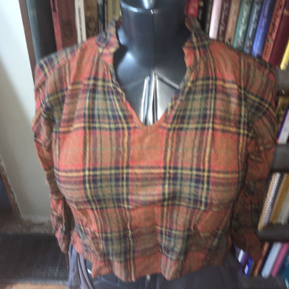 Madewell wool orange tartan plaid split neck cropped long sleeve S shirt
